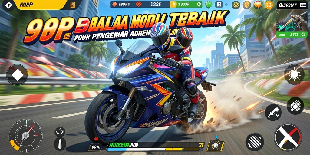 Tangkapan layar gameplay 99RP yang menampilkan balapan motor yang seru.