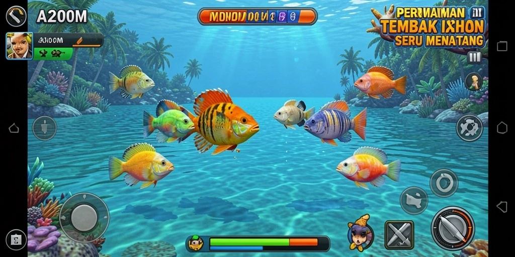 Tampilan gameplay A200M dengan aksi tembak ikan yang seru.