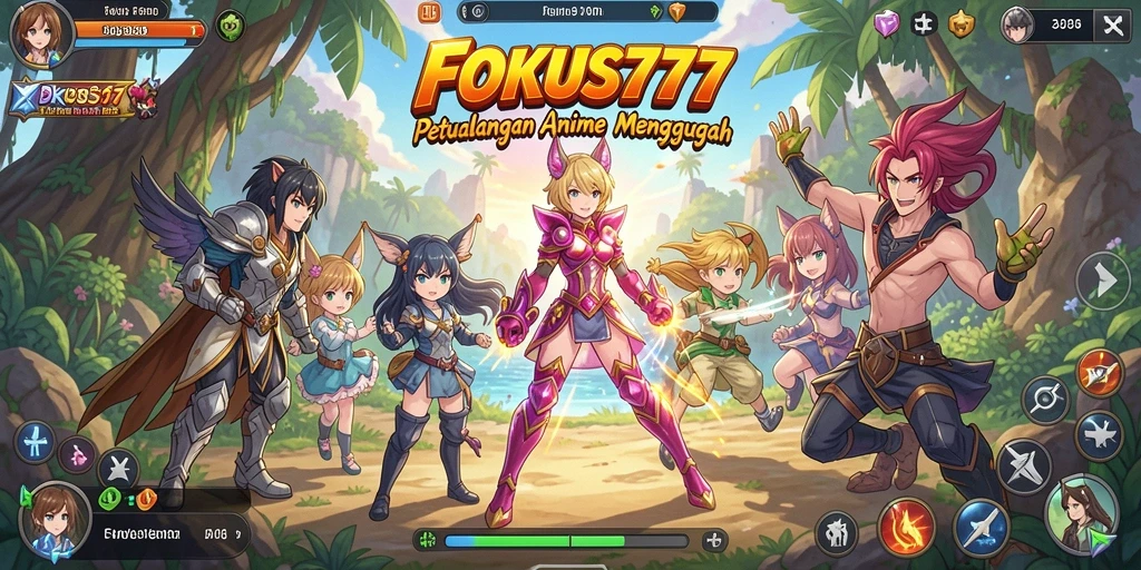Tangkapan layar utama FOKUS777 menampilkan pertarungan karakter Anime yang dinamis.