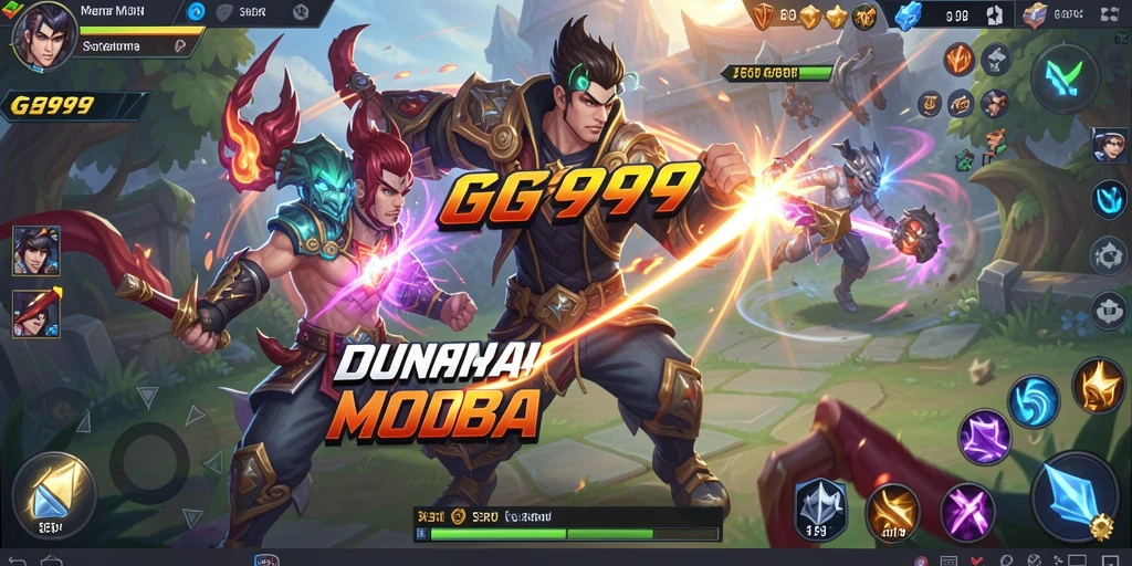 Screenshot gameplay GG999 menunjukkan pertarungan seru antara hero-hero unik.