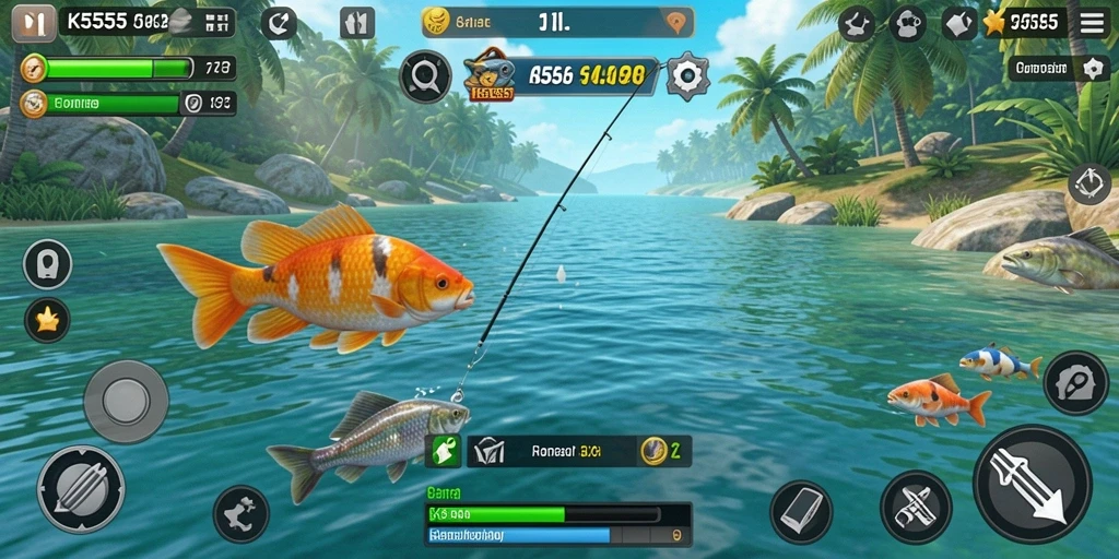 Screenshot K5555 menunjukkan pemain menangkap ikan di danau yang indah.
