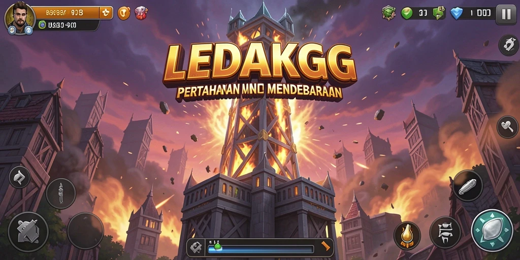 Screenshot LEDAKGG menampilkan serangan menara dan strategi pertahanan yang menegangkan.