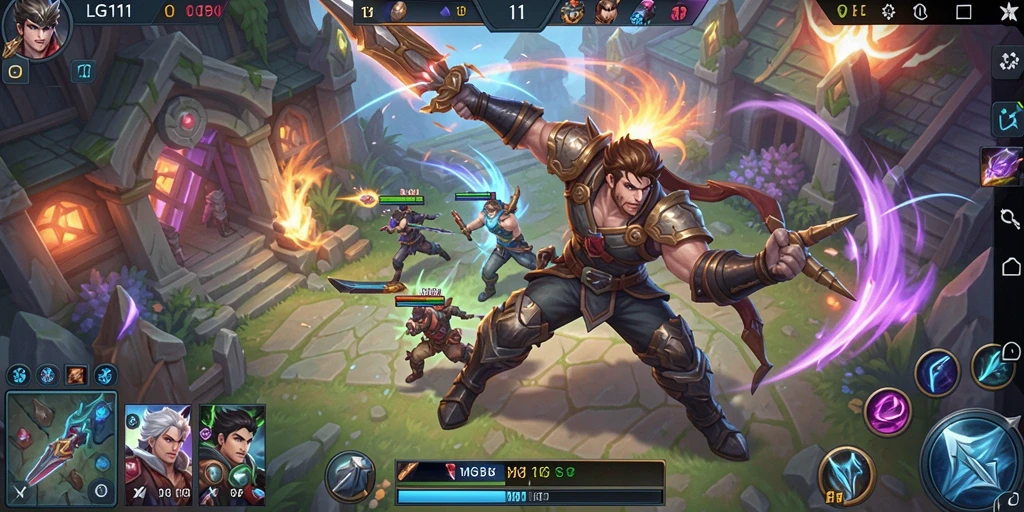 Screenshot utama LG111 menampilkan pertarungan epik antara hero-hero di medan perang.