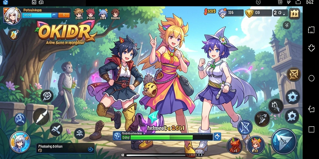 Tampilan gameplay OKIDR yang menampilkan karakter anime dalam pertempuran.