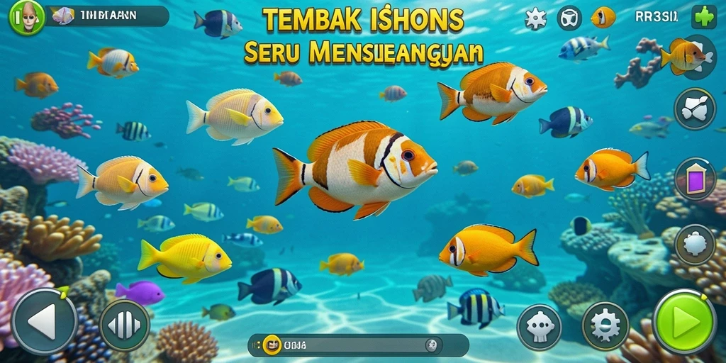 Screenshot gameplay RR33 menunjukkan aksi seru menembak ikan di bawah laut.