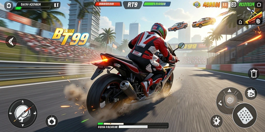Gameplay seru RT99 dengan balapan motor penuh aksi.