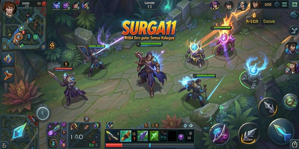 Tampilan gameplay SURGA11 dengan karakter dan strategi MOBA.