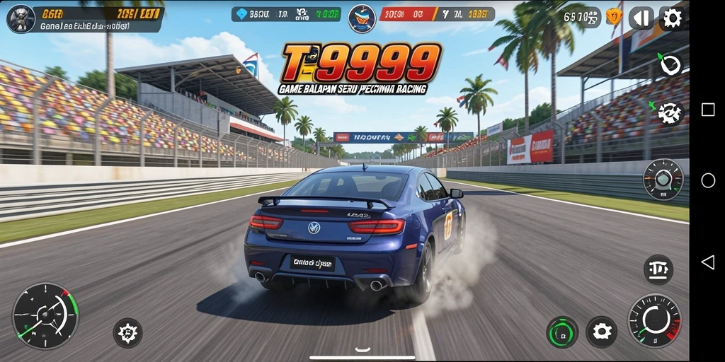 Screenshot utama T9999 yang menunjukkan aksi balapan yang mendebarkan.