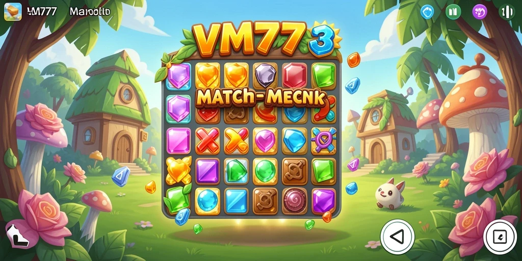 Screenshot gameplay VM777 menampilkan aksi seru permainan Match-3 yang penuh warna.