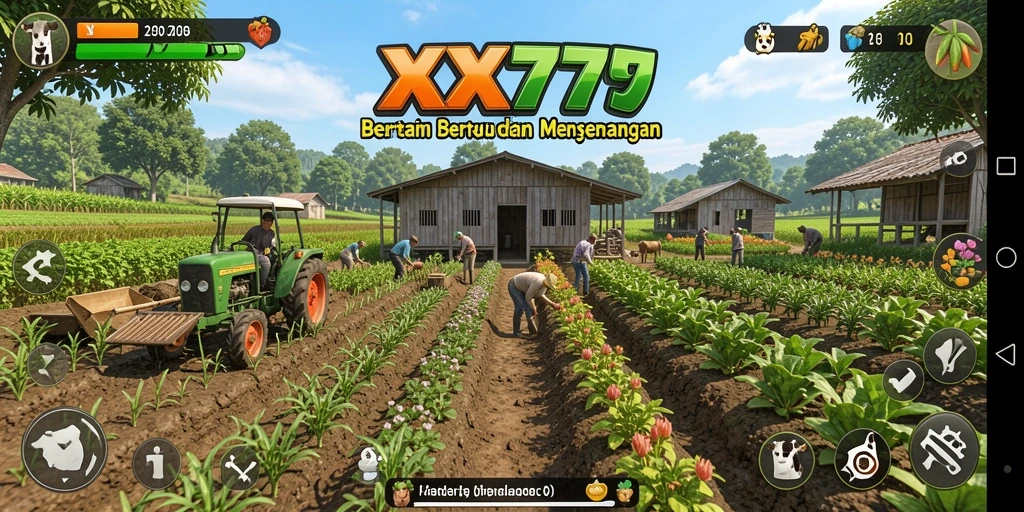Screenshot gameplay XXX777 menampilkan ladang yang subur dan berwarna-warni.